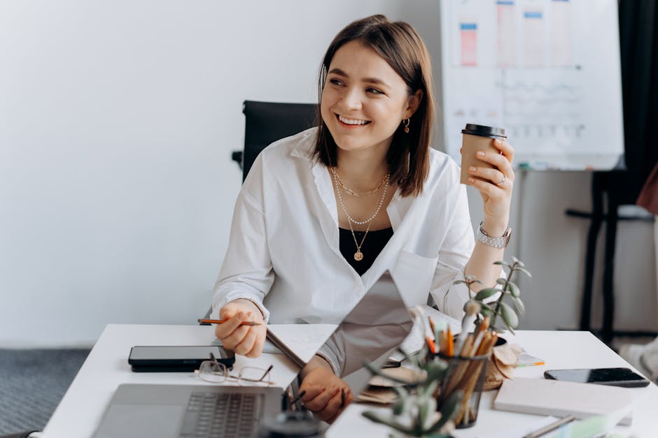 relaxed professional woman enjoying eye massage break in modern office environment with plants